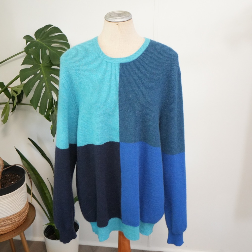 Club Room Cashmere Sweater XL Blue Colorblock Crew Neck Ribbed Knit Luxury
